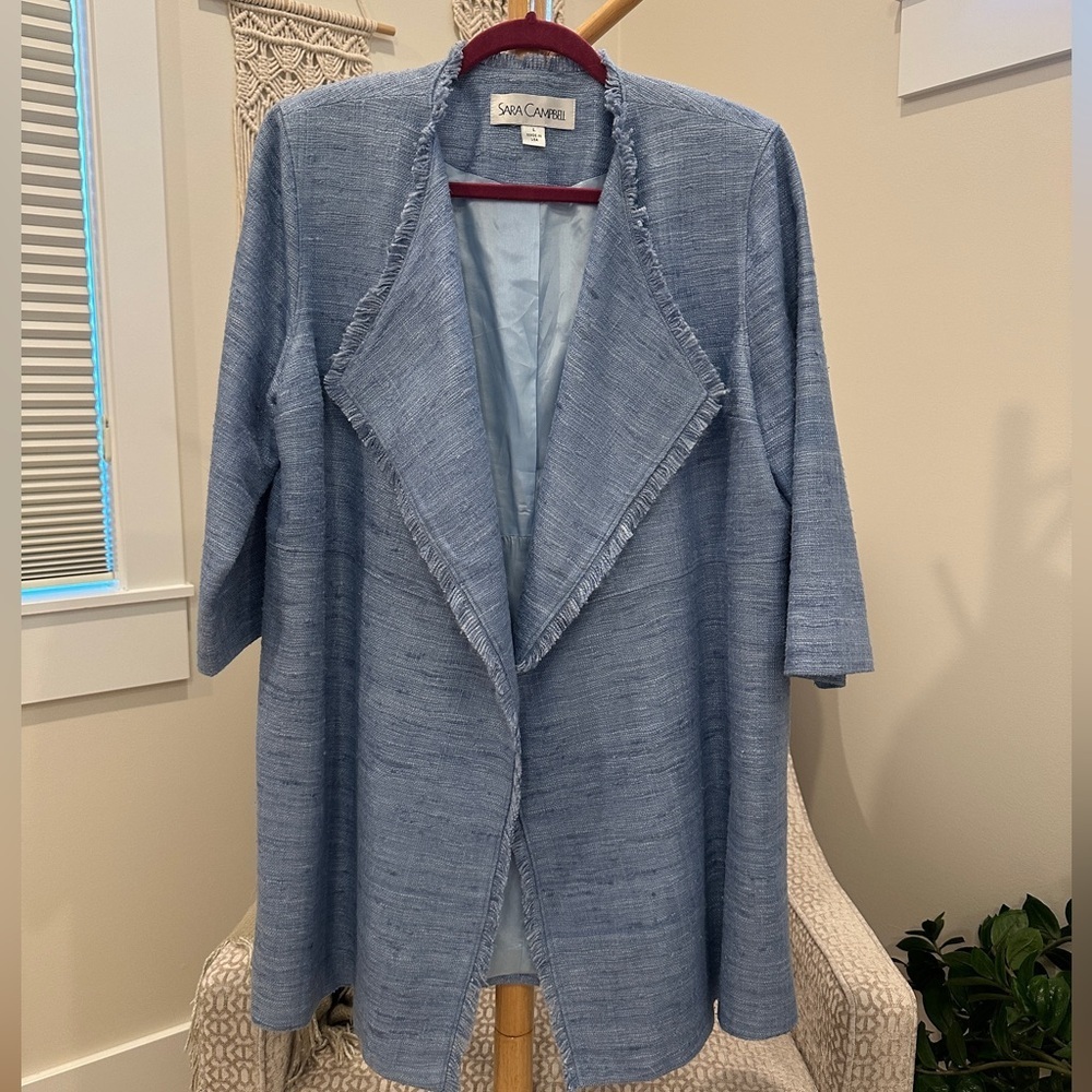 Sara Campbell Blue Silk Open Front Jacket L Made in USA